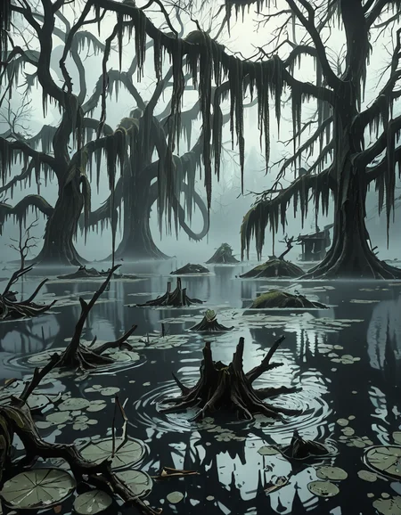 A dark and eerie swamp shrouded in thick mist, with twisted, gnarled trees rising from the murky water. Their bare branches reach out like skeletal fingers, draped in long, hanging moss. The water is still, reflecting the dim, overcast sky, with occasional ripples hinting at unseen movements beneath the surface. In the distance, decaying wooden structures, possibly remnants of an abandoned cabin or pier, are partially submerged and covered in moss. The air feels heavy and damp, filled with an eerie silence except for the occasional distant croak of a frog or the rustling of unseen creatures. Faint, ghostly lights hover above the water, casting an unnatural glow. The atmosphere is ominous and foreboding, evoking a sense of mystery and unease.
<lora:SDXLFaeTastic2400:0.4> <lora:extremely_detailed:0.4> extremely detailed, <lora:0m1n0us_sw4mp_ill:1>,0m1n0us sw4mp, Masterpiece,best quality,hi res,8k,hi res,8k,award winning,(sharp focus, intricate, highly detailed),