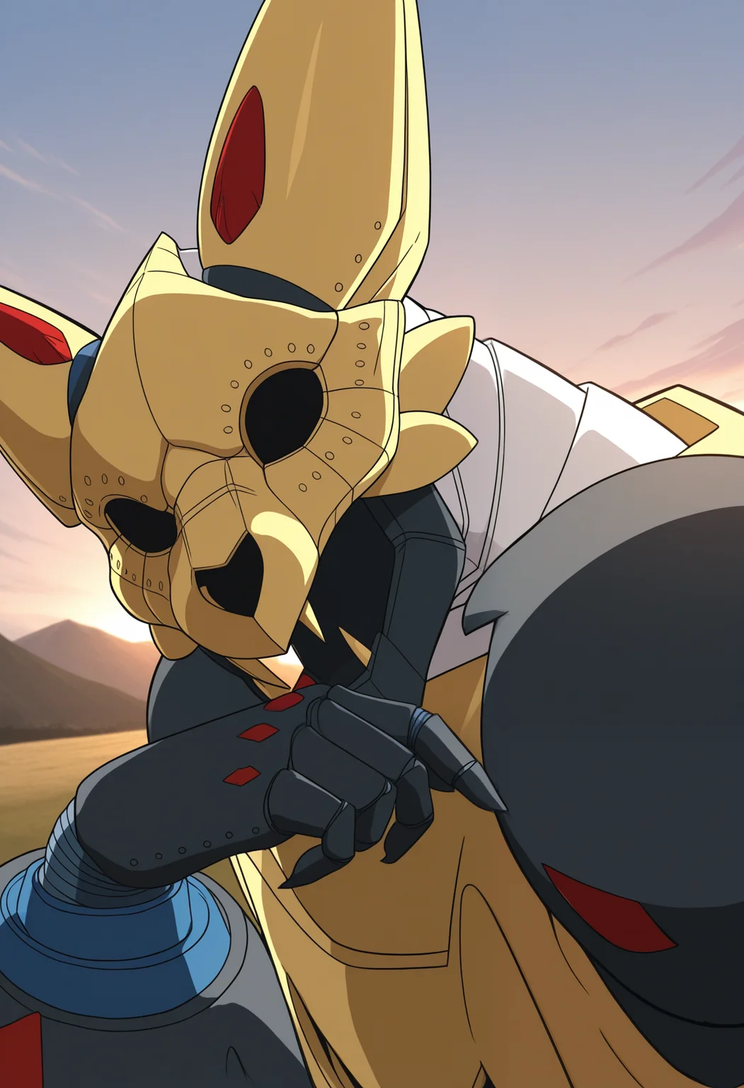 masterpiece,best quality,amazing quality, 1boy, solo, kur4m4R, robot fox, no pupils, close up, side angle, outdoors,