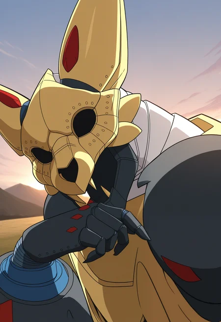 masterpiece,best quality,amazing quality, 1boy, solo, kur4m4R, robot fox, no pupils, close up, side angle, outdoors,