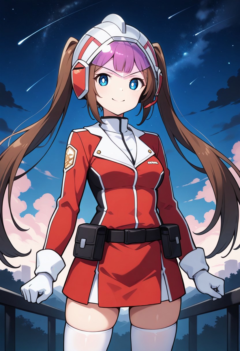 2d, masterpiece, best quality, amazing quality, 1girl, solo, close-up, standing, smile, upper body, cowboy shot,  looking at viewer, starry sky, clouds, night, caprosa, blue eyes, white pupils, brown hair, long hair, twintails, bangs, helmet, red jacket, long sleeves, white gloves, black belt, belt pouch, red skirt, zettai ryouiki, white thighhighs, clenched hands