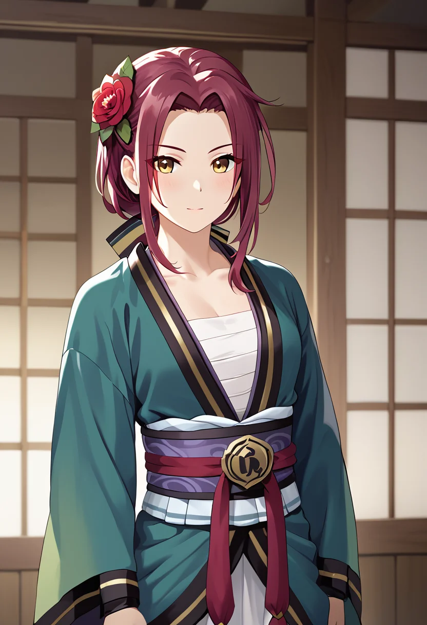 <lora:ruka_Pony-10:0.7> ,score 9,score 8 up,score 7 up,1girl,tachiarairuka,yellow eyes,red hair,red hair flower,rukadefaultoutfit,japanese clothes, cowboy shot,