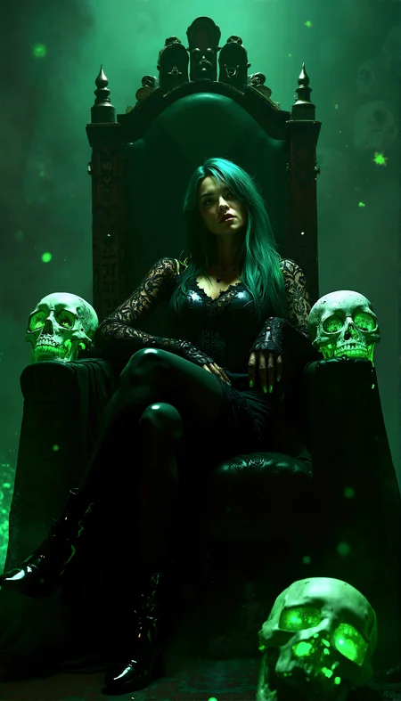 Photorealistic image of a dark empress with emerald green hair, dressed in sleek, black attire, sitting regally on a throne surrounded by ominous, glowing green skulls, in a dimly lit, gothic chamber.

She leans back into the throne, one arm draped over the armrest, her legs crossed, and a confident smirk playing on her lips as she surveys her domain.

Intricate lace patterns on her gloves and clothing catching the light, adding elegance and sophistication to her dark appearance. The skulls on the throne adorned with faint, glowing runes that pulse softly, suggesting ancient, arcane power. The sorceress’s hair slightly illuminated by the green glow, adding a soft, radiant halo effect around her head. The sorceress’s boots reflecting the green light, adding a touch of realism and highlighting the sleek design of her outfit. The background rendered in soft, shadowy tones that gradually fade into darkness, focusing the attention on the sorceress and her throne.

cinematic lighting, extremely intricate detail character, accurate depiction of character, correct body anatomy, correct hands and fingers, extremely intricate skin and facial skin texture detail, lifelike potrayal, extremely realistic lighting, extreme dynamic pose. Extremely sharp detail without blurring.













