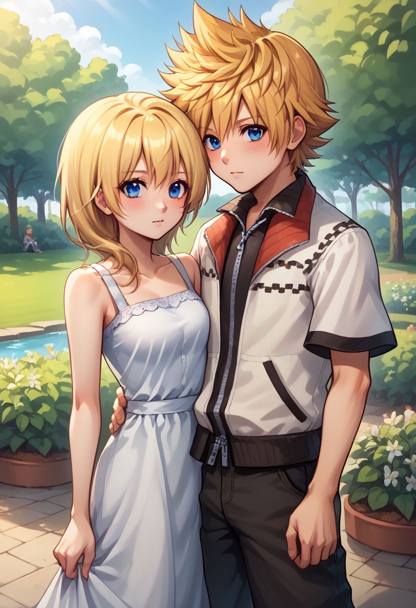 score_9, score_8_up, source_anime, highly detailed, 1girl, 1boy,
namine, 1girl, blonde hair, blue eyes, dress, sundress, BREAK
roxas, 1boy, zipper, spiked hair, blue eyes, jewelry, blonde hair, pants, short sleeves,
outdoor, garden, blush, posing for a photo, upper body,
