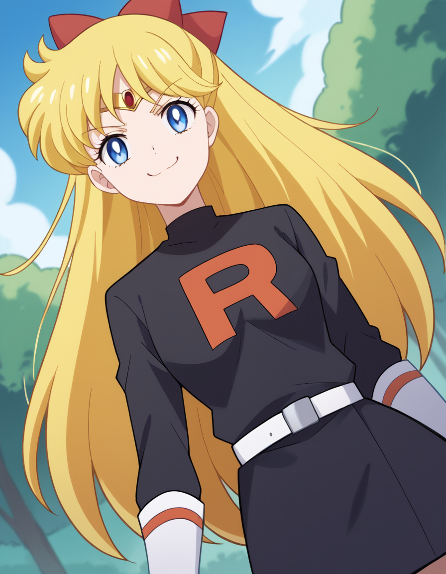 score_9, score_8_up, score_7_up, source_anime, <lora:minako-aino-eternal-movie1-ponyxl-lora-nochekaiser:1>, minako aino, blonde hair, blue eyes, bow, hair bow, half updo, long hair, red bow, tiara,, <lora:team-rocket-uniform-ponyxl-lora-nochekaiser:1>, team rocket uniform, black hat, black shirt, black skirt, white belt, white gloves, single letter,, smile, smug, v, outdoors,, cowboy shot, dutch angle, looking at viewer,