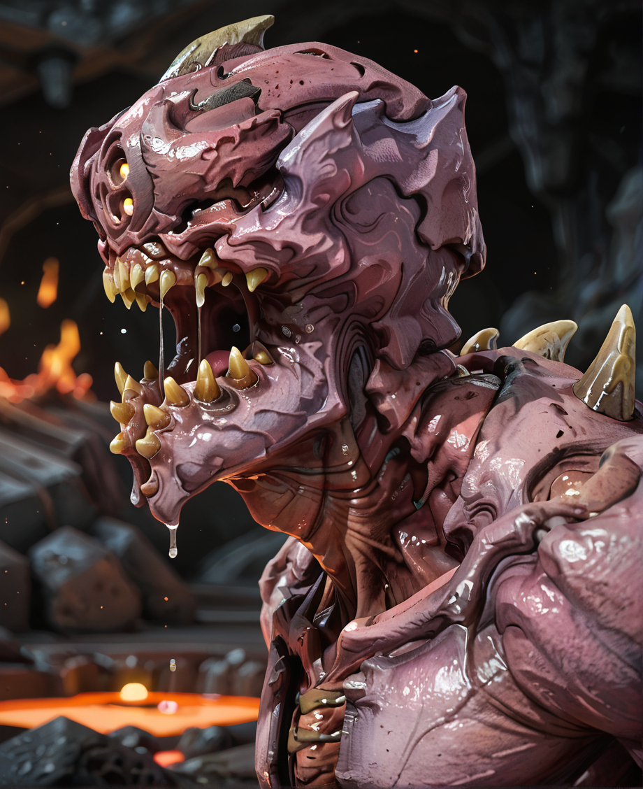 safe_pos, score_9_up,score_8_up,score_7_up,score_6_up,score_5_up,score_4_up, masterpiece, high quality, digital painting, source_monster, zPDXL3, BREAK, blurry background, cave background, hell, caverns, fire, lava, portrait, ((three quarter view)), side view, profile, close up, roar, open mouth, saliva, drool, saliva strand, solo, prowler, demon, doom, horror, horror (theme), monster, bones, spikes, glowing eyes, split jaw, sharp teeth, pink skin, shiny skin, eyeless, no eyes, <lora:Prowler for PonyXL:0.9>, <lora:AdvancedEnhancerXLv2:2>