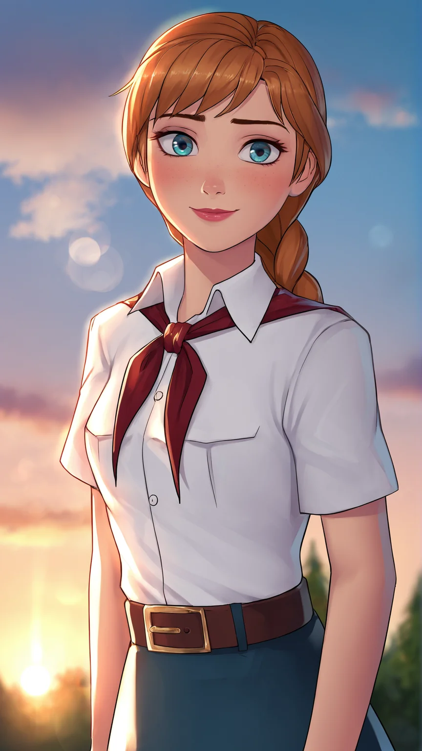 score_9, score_8_up, score_7_up,
best quality, masterpiece, ultra detailed,
looking at the viewer, looking at the camera,
portrait,
light smile, blush,
source_frozen, anna,
black eyeliner cat eye,
pink lips,
white collared shirt, short sleeves, red neckerchief, neckerchief, belt, blue skirt,
sunset, warm light, cozy, sky, clouds,
amazing background, outdoors,
bokeh, blurry, blurry background,
<lora:Everlasting_Summer_Vanilla_Art_Style_by_GraffMetal:1>,
