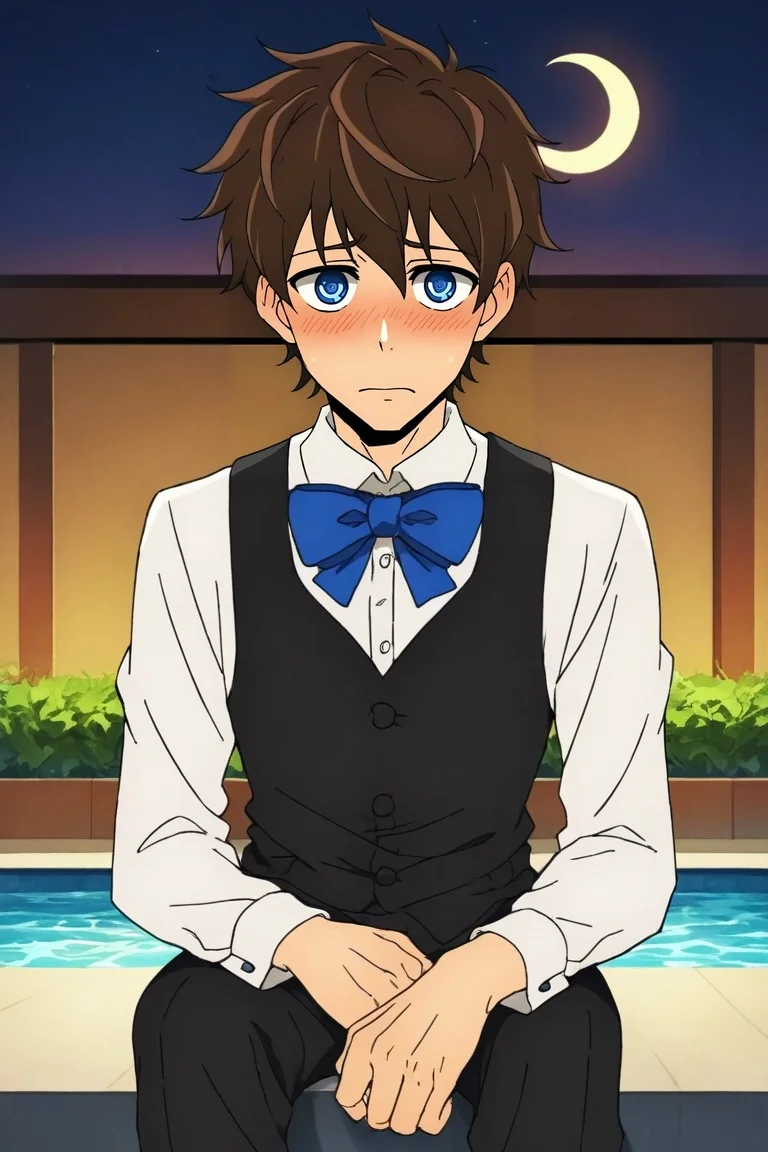 zPDXL, score_9, score_8_up, score_7_up, rating_safe, intricate details, looking at viewer, , 1boy, male focus, Sapphire eyes, chocolate hair, pompadour hairstyle, gangster costume, solo, straight-on, pool, night, crescent moon, sitting, embarrassed, nose blush, <lora:kami_no_tou_style_pony:1.0>, kami_no_tou_style, , <lora:sdxl_lightning_8step_lora:1>