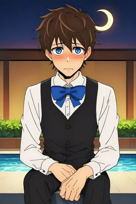zPDXL, score_9, score_8_up, score_7_up, rating_safe, intricate details, looking at viewer, , 1boy, male focus, Sapphire eyes, chocolate hair, pompadour hairstyle, gangster costume, solo, straight-on, pool, night, crescent moon, sitting, embarrassed, nose blush, <lora:kami_no_tou_style_pony:1.0>, kami_no_tou_style, , <lora:sdxl_lightning_8step_lora:1>