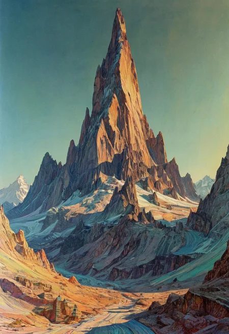 glitched wavy distortions, non-representational, colors and shapes, expression of feelings, imaginative, model,, towering mountains loom, their peaks highly detailed . extremely high-resolution details, photographic, Illustration by moebius and Pablo picasso (artist) abstract expressionism, detailed painting1930s black renaissance painting”on textured  film photography style,  medium grain, FRESHIDESH Moebius comic book