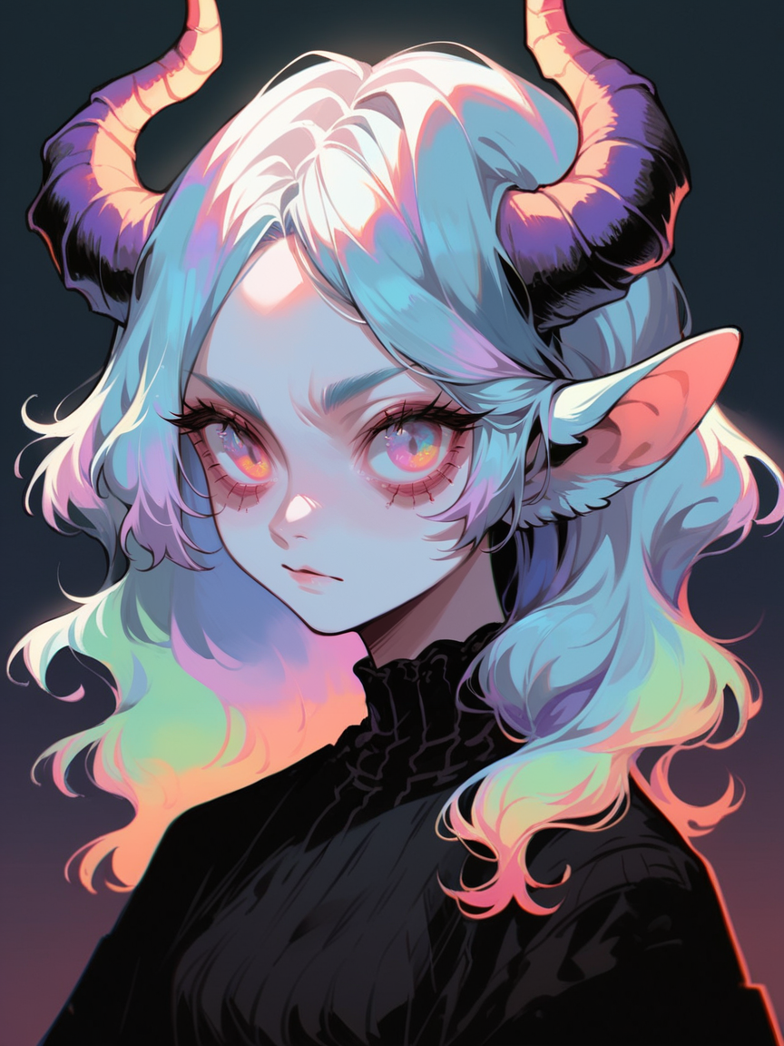 score_9, score_8_up, score_7_up, score_6_up, <lora:1r3gl1XLP:0.8> 1r3gl1, trippy, 1girl, horns, multicolored hair, multicolored eyes, upper body