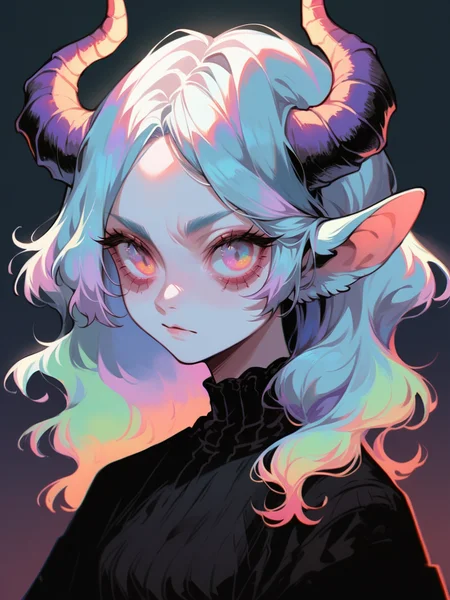 score_9, score_8_up, score_7_up, score_6_up, <lora:1r3gl1XLP:0.8> 1r3gl1, trippy, 1girl, horns, multicolored hair, multicolored eyes, upper body