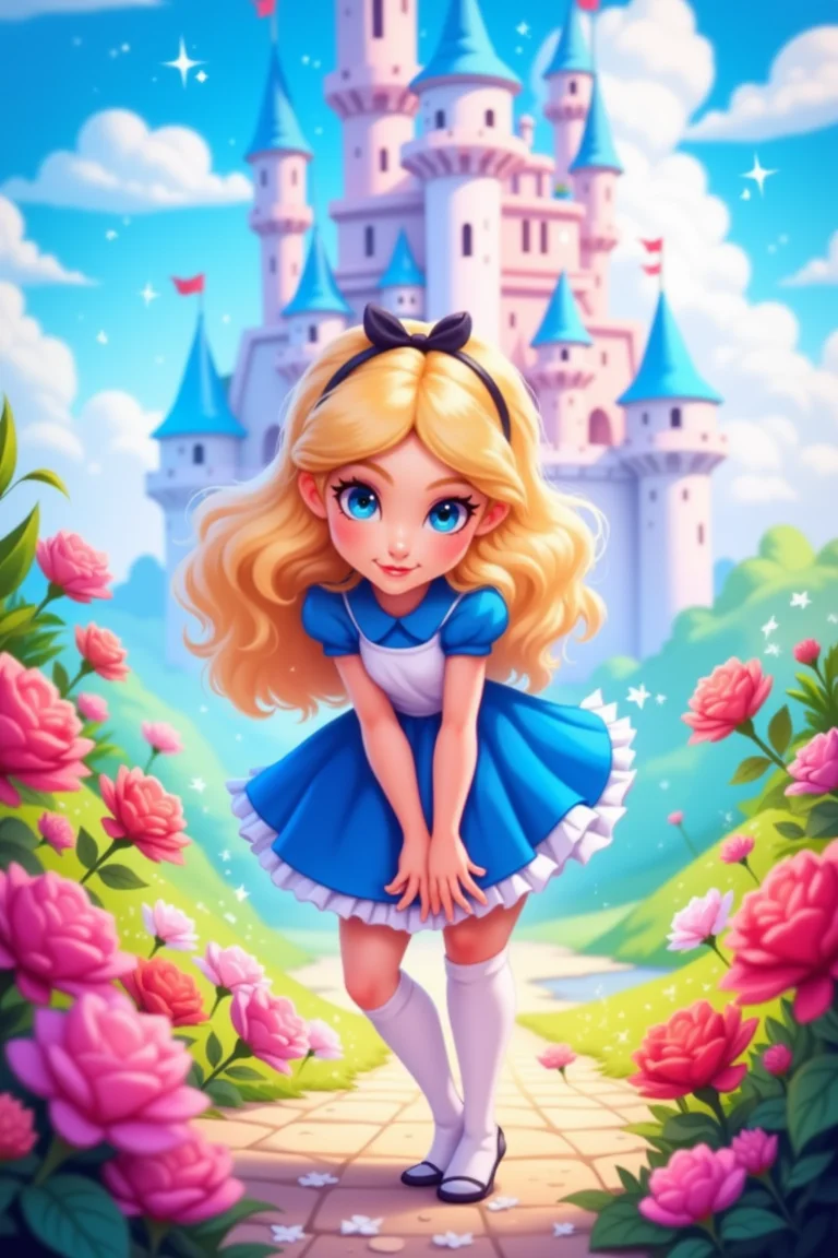 2D Game Art of AliceWaifu, she is leaning forward, castle in the back very colorful, legs and arms together in a cute way, solo focus, roses around, dress, hair bow, a lot of flowers, castle, bridal, magic particles, pastel colors, perfect composition, dynamic shot, 2D Game Art, often for platformers, pixel art, or side-scrolling games.
