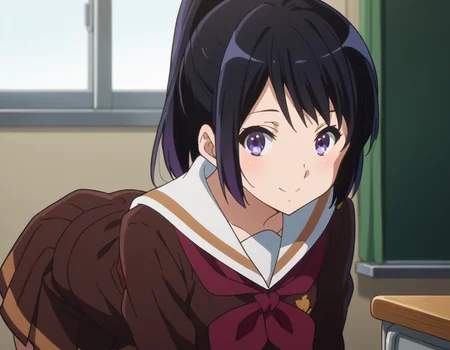 score_9, score_8_up, score_7_up, source_anime,
reinakousaka, <lora:reina-kousaka-ponyxl-lora-nochekaiser:1>,
reina kousaka, long hair, bangs, black hair, purple eyes,
ponytail, skirt, shirt, long sleeves, school uniform, pleated skirt, serafuku, neckerchief, brown skirt, white sailor collar, brown shirt, kitauji high school uniform, red neckerchief,
indoors, classroom, bent over, smile,
looking at viewer, cowboy shot, dutch angle,