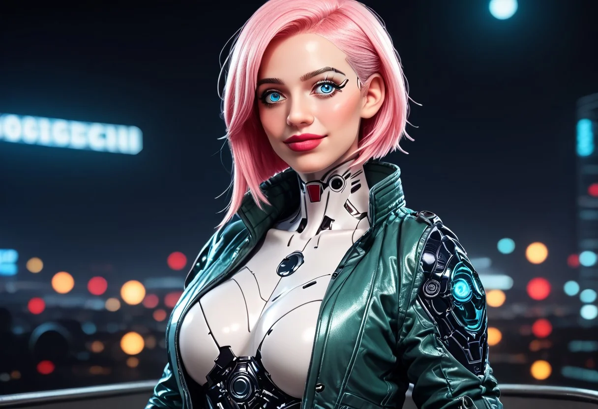 score_9, score_8_up, score_7_up, Raw Photo, Portrait, cute android girl, black android, glossy blue, seductive, innocent, light smile:0.3, plump lips, artificial silicone face, artificial silicone skin, panel lines visible in skin, symmetrical , slender body, wearing pink science fiction clothes, hands, breathtaking grandeur, LED internal lighting, cyberpunk style, pale pink wig, large glowing blue glass eyes, cyborg, full moon, dystopian futuristic city background, depth of field, dynamic angle, photo realistic:1.4, realistic skin:1.4, fashion photography, sharp, analog film grain, hyperdetailed:1.15
cinematic film still, shallow depth of field, vignette, highly detailed, high budget, bokeh, cinemascope, moody, epic, gorgeous, film grain, grain
cyborg bodysuit,science fiction, Robot Girl, Robogirl
silicone,s3xd0ll,large breasts,looking at viewer,blue eyes
ruanyi0812,white bodysuit,skin tight mint green jacket,open jacket