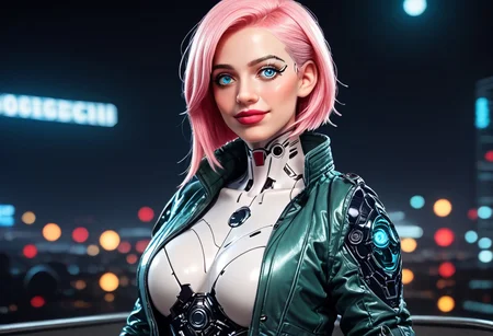 score_9, score_8_up, score_7_up, Raw Photo, Portrait, cute android girl, black android, glossy blue, seductive, innocent, light smile:0.3, plump lips, artificial silicone face, artificial silicone skin, panel lines visible in skin, symmetrical , slender body, wearing pink science fiction clothes, hands, breathtaking grandeur, LED internal lighting, cyberpunk style, pale pink wig, large glowing blue glass eyes, cyborg, full moon, dystopian futuristic city background, depth of field, dynamic angle, photo realistic:1.4, realistic skin:1.4, fashion photography, sharp, analog film grain, hyperdetailed:1.15
cinematic film still, shallow depth of field, vignette, highly detailed, high budget, bokeh, cinemascope, moody, epic, gorgeous, film grain, grain
cyborg bodysuit,science fiction, Robot Girl, Robogirl
silicone,s3xd0ll,large breasts,looking at viewer,blue eyes
ruanyi0812,white bodysuit,skin tight mint green jacket,open jacket