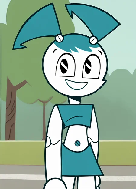 <lora:Jenny_XJ-9_Pony1.0:1.0> jenny, twintails, 1girl, solo, robot, no humans,grin, blue hair, blue tube top, blue skirt, robot joints, smile, navel, white skin, looking at viewer, cowboy shot, outdoors, tree,
