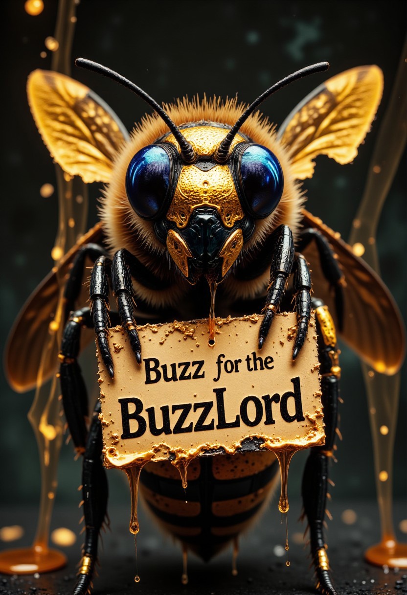 ((Bee carrying a sign "Buzz for the BuzzLord")), close up of an mecha armored bee, detailed LED bubble eyes, two gold wings, Bioluminescent bee fluff, dripping golden honey drops, dripping liquid gold, golden reflections, , // detailed digital hyper realistic intricate details, HDR, beautifully shot, hyperrealistic, sharp focus, 64 megapixels, perfect composition, high contrast, cinematic, atmospheric, moody<lora:xl_more_art-full_v1:0.3>