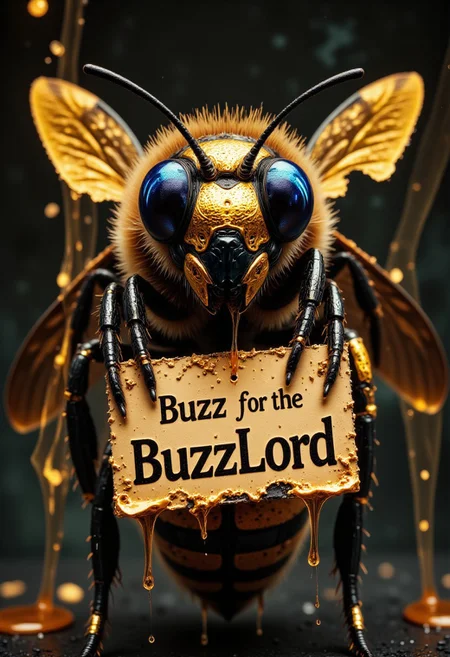 ((Bee carrying a sign "Buzz for the BuzzLord")), close up of an mecha armored bee, detailed LED bubble eyes, two gold wings, Bioluminescent bee fluff, dripping golden honey drops, dripping liquid gold, golden reflections, , // detailed digital hyper realistic intricate details, HDR, beautifully shot, hyperrealistic, sharp focus, 64 megapixels, perfect composition, high contrast, cinematic, atmospheric, moody<lora:xl_more_art-full_v1:0.3>