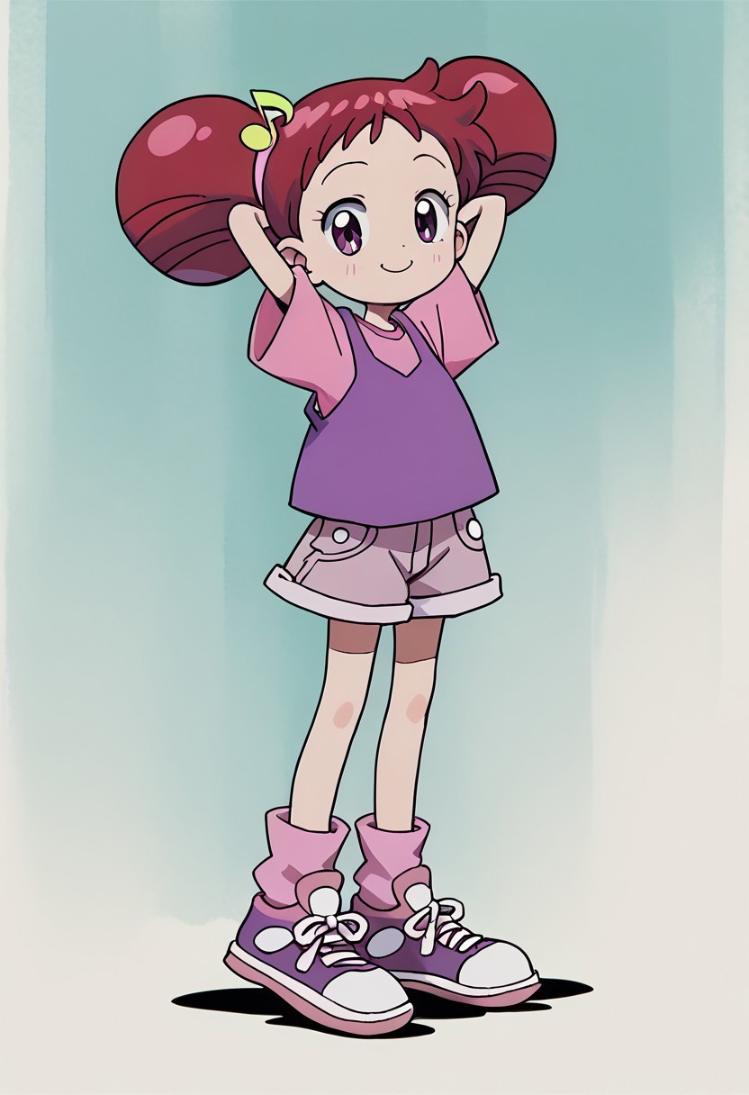 score_9, score_8_up, score_7_up BREAK Doremi1, 1girl, red hair, odango hairstyle, purple eyes, pink hair scrunchies, yellow musical note hairclip, purple tank top, short-sleeve pink shirt, soft pink denim shorts, pink socks, pink white sneakers, full body, smiling at viewer, hands behind head,