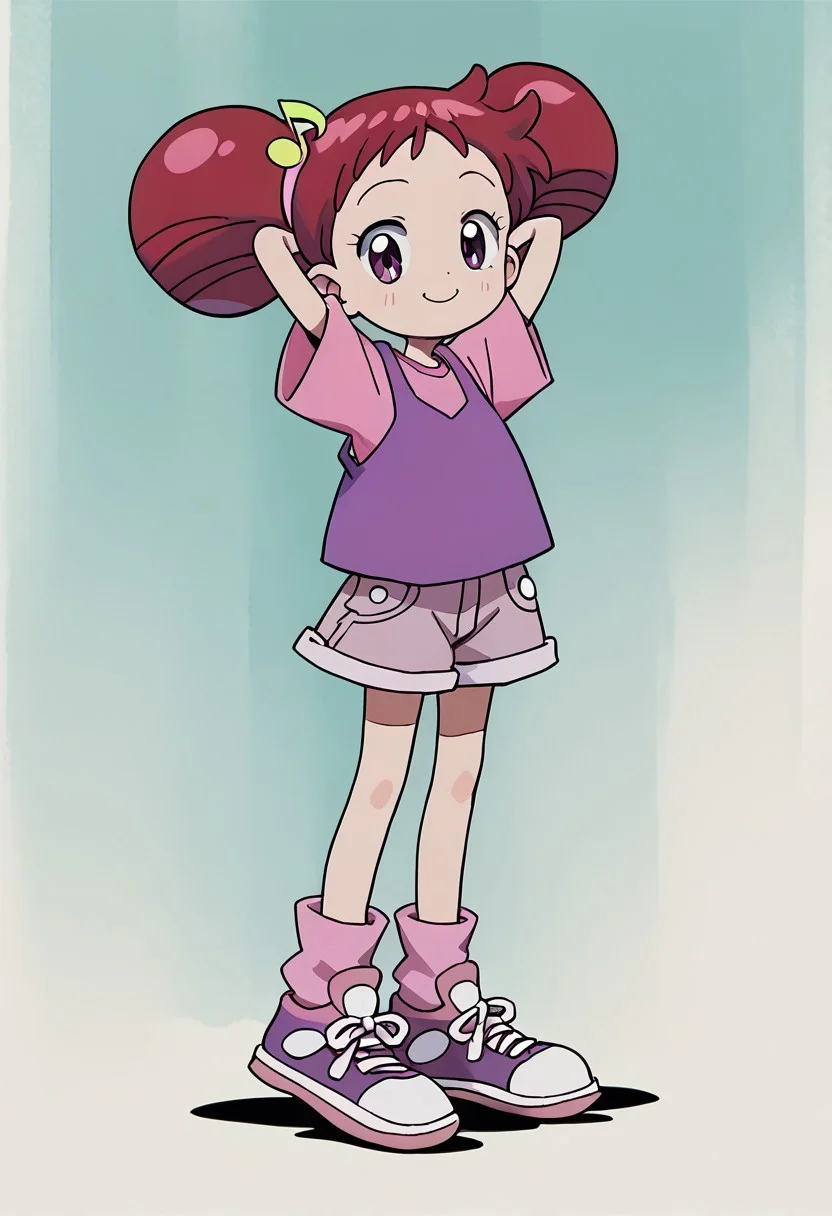 score_9, score_8_up, score_7_up BREAK Doremi1, 1girl, red hair, odango hairstyle, purple eyes, pink hair scrunchies, yellow musical note hairclip, purple tank top, short-sleeve pink shirt, soft pink denim shorts, pink socks, pink white sneakers, full body, smiling at viewer, hands behind head,