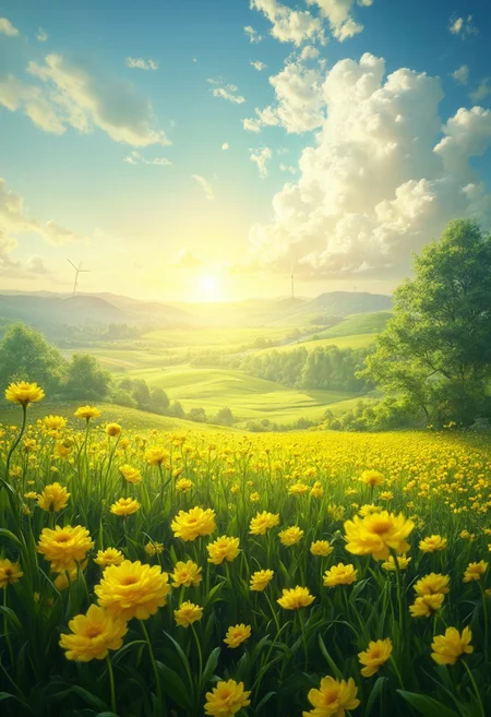 detailed background, from above,( Calm spring morning landscape), beautiful view, Flower Field, canola flower in full bloom, canola flower, early morning, sunrise sky, beautiful clouds, dappled sunlight, 
I can see a windmill in the distance, 
depth of field, masterpiece, best quality, ultra-detailed, very aesthetic, illustration, perfect composition, intricate details, absurdres, moody lighting, wisps of light, no humans,