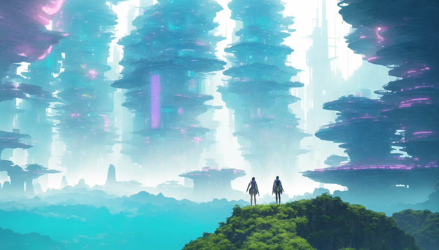 GIANT BRIGHT SUNRISE, BAMBOO RIVER!, waterfall! solarpunk cyberpunk futuristic city, textured dirty details, vast wide angle lens sharp focus, bioluminescent glowing, pastel green misty ocean, alien spaceships, octane render unreal engine 8k extreme detail. By Shinkai Makoto and Mike Winkelmann Beeple and Studio Ghibli and Akihiko Yoshida (vibrant over saturated, pastel shades:1.2)<hypernet:last:0>