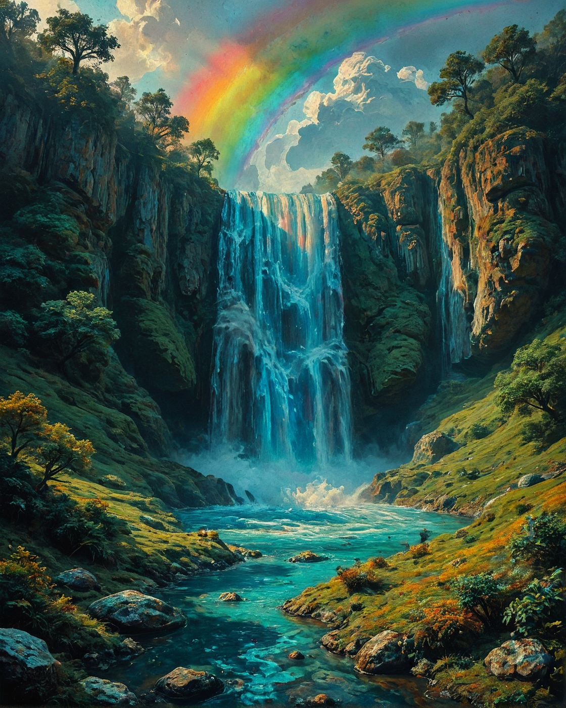 Surreal Landscape, Creator Landscape,
(style ofJacob van Ruisdael (cloud studies)), Mangrove channels at low tide, rainbow in waterfall mist, ottoman-style caravanserai, 
<lora:ClassipeintXL2.1:0.322> oil painting,
<lora:extremely_detailed:0.653> extremely detailed,
<lora:add-detail-xl:0.794>, 
<lora:dreamshaperXL10_lora:0.268>, 
 <lora:Flux-XL_Scenery: 0.926> flux-scenery,
detailxl,
advntr,