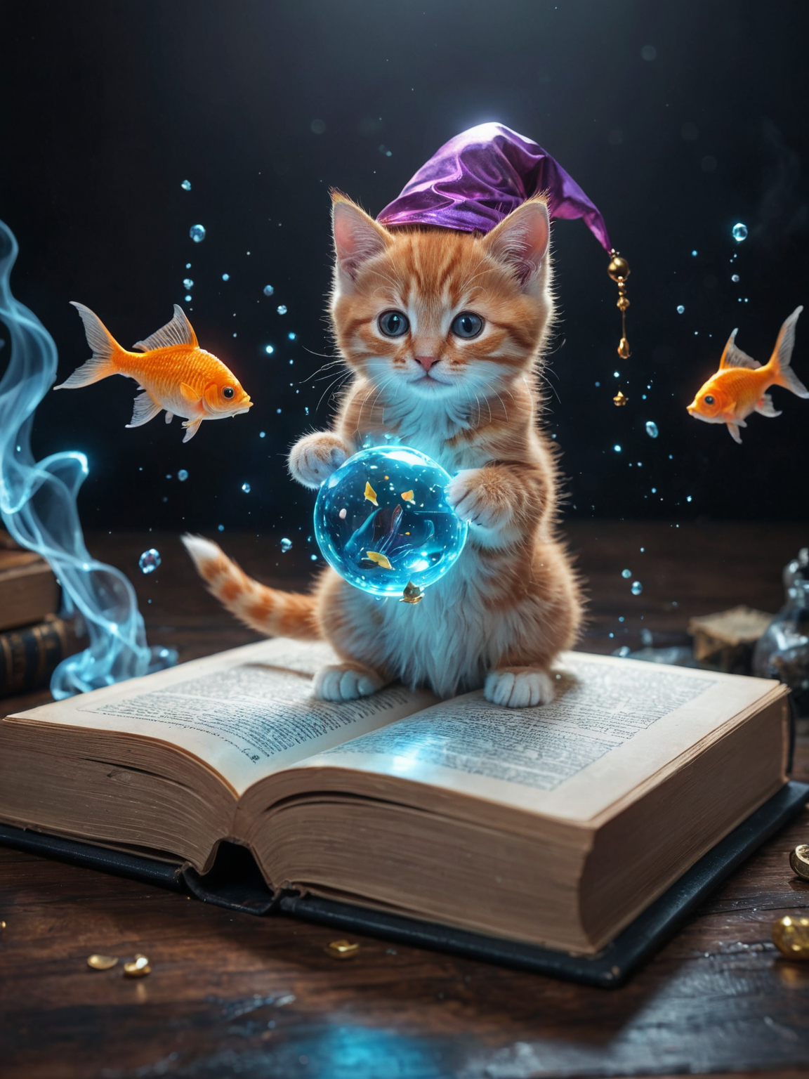 amazing quality, masterpiece, best quality, hyper detailed, ultra detailed, UHD, perfect anatomy, magic world, (kitten and fish:1.4), fish in the air, spell magic to get fresh fish as food,( fish jumping from magic book:1.3), energy flow, a full body of a cute kitten, kawaii, wearing witches robe, witches hat, holding magic book, magic book on one hand, spell magic, <lora:add-detail-xl:1.0>, extremely detailed, <lora:glowneon_xl_v1:0.75> glowneon, glowing