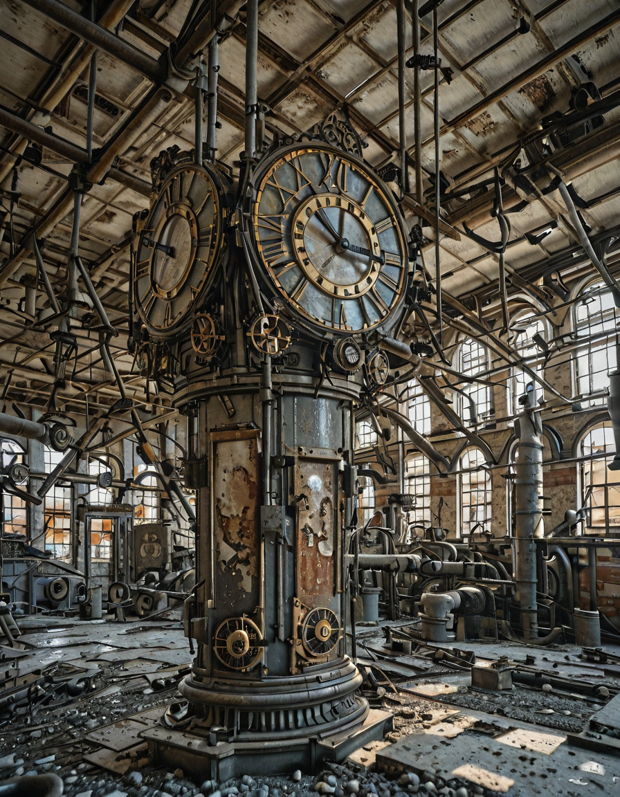 <lora:City_Worlds_02_Lost_Indusinc:1> photo, cw02lost, indoors, abandoned, factory, industrial, broken machinery, pipes, rust, decay, grunge, metal, dust, derelict, structure, steel, ducts, graffiti, worn, ventilation, urban, corrosion, sunlight, broken ceiling, sunlight, sunset, wet, flooded, winged victory, marble statue, classical sculpture, hellenistic, ancient greece, dynamic pose, drapery, stained glass, dome, ornate, architecture, ceiling, majestic. baroque, industrial, steampunk, vintage clock, ornate, roman numerals, wrought iron, station clock, hanging, antique,