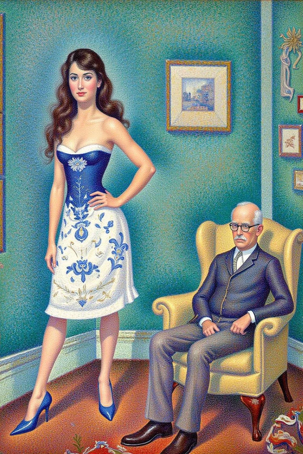 geoseu1 pointillist painting.
A room with a vibrant, textured background. The room is painted in a palette of turquoise and blue hues, with visible brush strokes giving the walls a textured, almost rough appearance. On the left, a young woman with long, wavy brown hair stands confidently. She is wearing a strapless white dress with a blue floral pattern and blue high-heeled shoes. Her posture is upright, with one hand on her hip, giving an air of self-assurance. She is positioned slightly to the left of the center of the image. To the right, an older man with a bald head and glasses sits in a beige armchair. <lora:geoseu1_cap_d6a3e12:1.0><lora:821053715550223682:0>