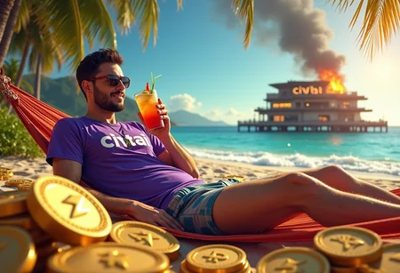 detailed RAW photo, HD32K, wallpaper, 4K, 8K, abusrdres, masterpiece, perfect hands, detailed face, realistic skin texture, BREAK A nerdy hipster hacker wearing sunglasses, a purple "Civitai" t-shirt and swim trunks in a hammock on a mexican beach, satisfied and sipping from a fancy tropical cocktail with fruit. He is surrounded by a lot of treasure chests and many large piles of gold coins with a lightning symbol and labeled "Buzz" that are not Bitcoins. Off in the distance, a bulding saying "Civitai" is on fire, smoke darkening the sunny sky. The words "Maintenance Mode" are spelled in the Sky with smoke.