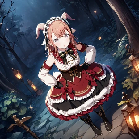 1girl, hanasato minori, project sekai, masterpiece, very aesthetic, absurdres, official art,
baby goat, brown long hair, braid, grey eyes,
looking at viewer, :o, hands on hip, leaning forward, from above, BREAK
black gloves, bow, frills, boots, tail, frilledhairband, puffy long sleeves, black bow, frilled dress, bowtie, puffy sleeves, black footwear, black ribbon, black thighhighs, curled horns, animal ears, fur trim, black bowtie, high heels, red bow, knee boots, high heel boots, red dress, pantyhose, frilled skirt, red skirt,
night, dark, dark atmosphere, outdoors, forest, trees,
<lora:sdxl-1A-BabyGoat03:0.9:lbw=0,0,0.2,0.2,0,0.4,0.4,0,0.8,0.8,0,0,0,0.8,0.8,0.6,0.8,0.0,0.0,0.0,0,0,0,0,0,0>