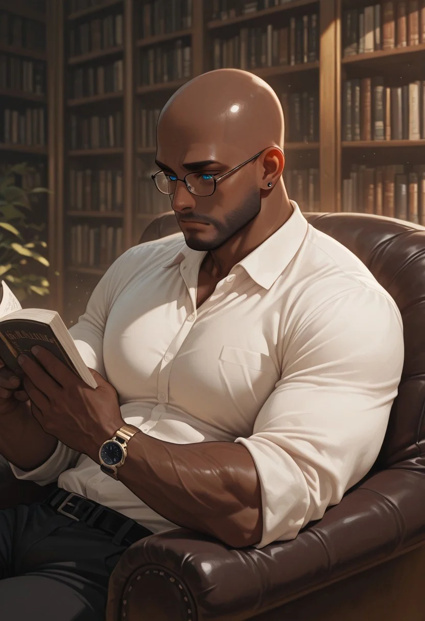 masterpiece, best quality, amazing quality, absurdres, newest, detailed background, definition so sharp, Ultra-HD, 8K cinematic, very awa, impressionate, amazing quality, highres, 
1boy, mbti_estj, muscular man, mature man, bald, dark skin, facial hair, blue eyes, watch, solo, cozy study, soft light, leather armchair, bookshelf, contemplation, reading, glasses, warm tones, natural light, elegant, tranquil, thoughtful expression, high quality, depth of field