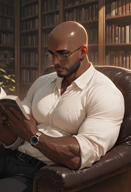 masterpiece, best quality, amazing quality, absurdres, newest, detailed background, definition so sharp, Ultra-HD, 8K cinematic, very awa, impressionate, amazing quality, highres,
1boy, mbti_estj, muscular man, mature man, bald, dark skin, facial hair, blue eyes, watch, solo, cozy study, soft light, leather armchair, bookshelf, contemplation, reading, glasses, warm tones, natural light, elegant, tranquil, thoughtful expression, high quality, depth of field