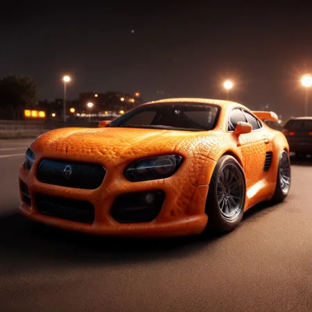 high detailed, high quality, photorealistic, realistic, dramatic lighting, volumetric lighting, orange peel, futuristic car, a futuristic car with an orange peel texture driving through a city at night