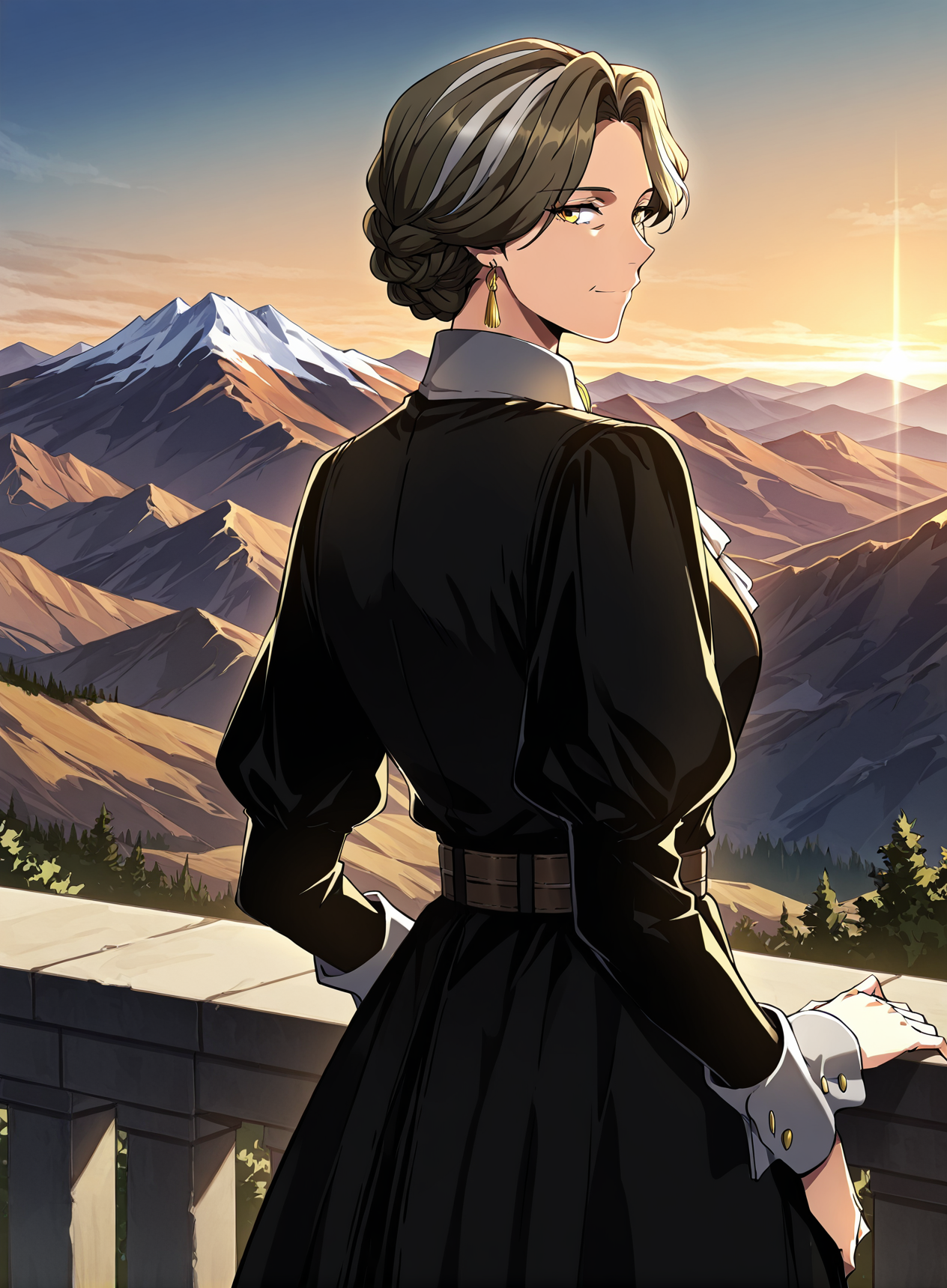 <lora:Wilbeck__The_Beginning_After_the_End__Illustrious:1>
Wilbeck, 1 girl, solo, mature woman, yellow eyes, brown medium hair, silver streaks, side-parted, braided updo,
black victorian dress, white cravat, wide cuffs, waist belt, gold earrings, formal outfit
score_9, score_8_up, score_7_up, source anime, BREAK, cowboy shot, (from side), looking back, looking at viewer, overlooking mountain, high altitude, scenery, exterior, background