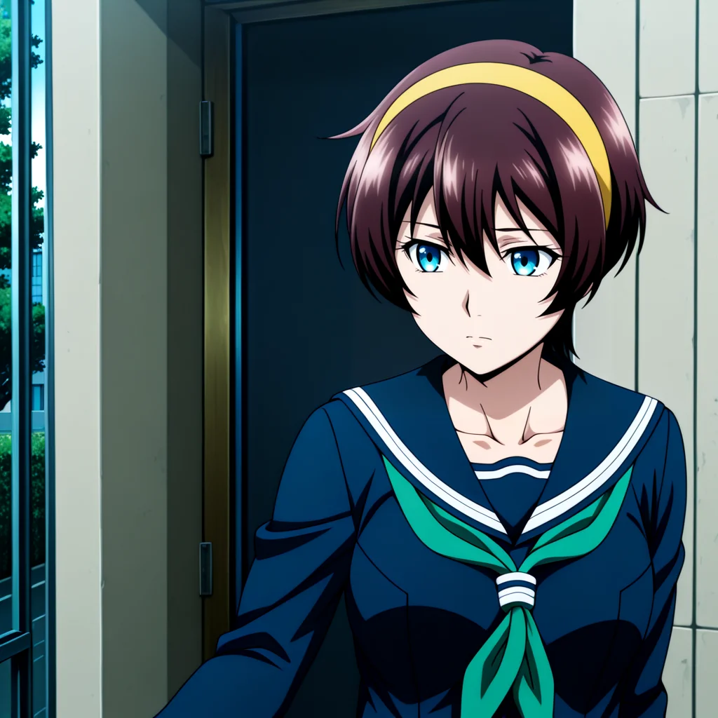 Yuu_School, 1girl, brown short hair, hair between eyes, blue eyes, medium breasts, collarbone, yellow hairband, serafuku, green neckerchief, sailor collar, dark blue serafuku, long sleeves, , <lora:Yuu_IL2:1> City school entrance with cherry blossom trees
