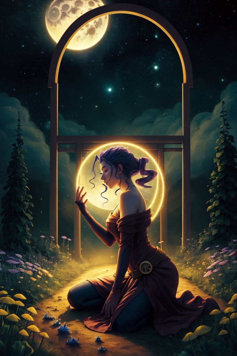 (masterpiece, best quality, high resolution),cowboy shot, 1girl, solo, rosems , hagoromo, shawl, dress, bare shoulders, belt, pantyhose, scarf ,shoulder cutout, kneeling, hands cupped around a floating glowing orb, <lora:RoseMS:1> night, full moon, stars, clear night sky, luminescent flowers, yellow fireflies, side view, warm light, hq, fairy forest, ancient torii gate in background, luminescent mushrooms, dirt path, luminescent fairies, score_9, score_8_up, score_7_up, detailed background, FeyFa