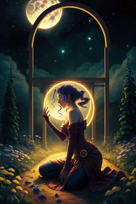 (masterpiece, best quality, high resolution),cowboy shot, 1girl, solo, rosems , hagoromo, shawl, dress, bare shoulders, belt, pantyhose, scarf ,shoulder cutout, kneeling, hands cupped around a floating glowing orb, <lora:RoseMS:1> night, full moon, stars, clear night sky, luminescent flowers, yellow fireflies, side view, warm light, hq, fairy forest, ancient torii gate in background, luminescent mushrooms, dirt path, luminescent fairies, score_9, score_8_up, score_7_up, detailed background, FeyFa