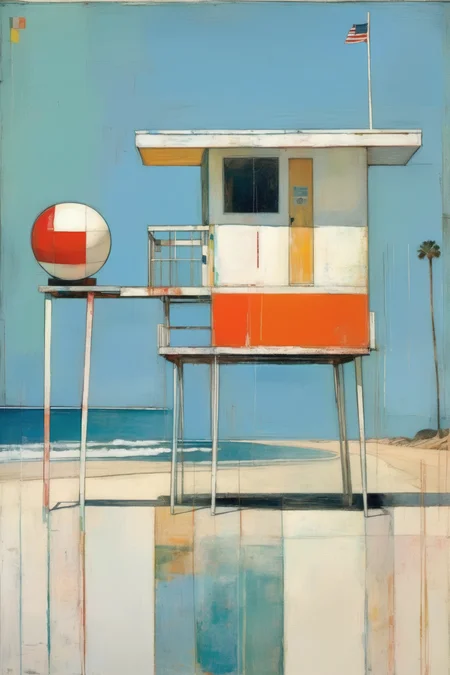 <lora:Raimonds Staprans Style:1>Raimonds Staprans Style - art by Richard Diebenkorn and Wayne Thiebaud. A Southern California beach scene. A lifeguard station.