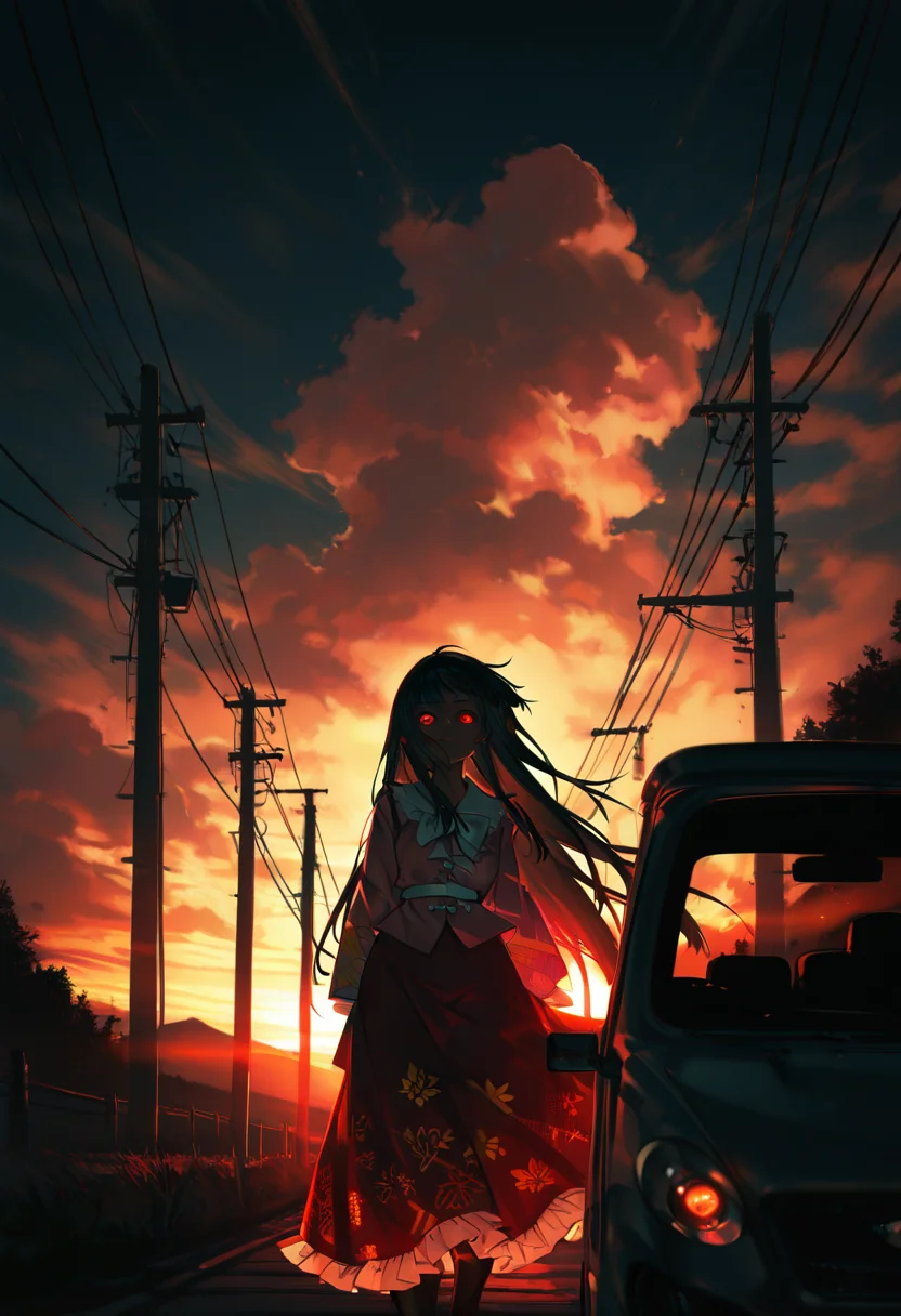 embedding:lazypos, masterpiece, best quality, newest, highres, absurdres, houraisan kaguya, 1girl, red eyes, ground vehicle in background, solo, glowing eyes, power lines, outdoors, sky, standing, long hair, glowing, looking at viewer, blood, utility pole, neckerchief, dress, bangs, dark, cloud,limited palette, dark_theme, naidong (artist) <lora:TrendCraft_The_Peoples_Style_Detailer-v1.0A-3_13_2025-NoobVPRED:0.2>