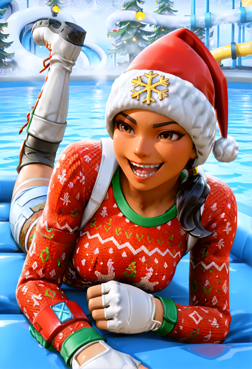IllustriousQual <lora:StS-Illustrious-Detail-Slider-v1.0:2> <lora:cfg_scale_boost:0.3> detailed_background, waterpark <lora:Nog_Ops_IL_V1:0.8> NogOpsIL, santa hat, black hair, braid, brown eyes, dark skin, fingerless gloves, sweater, christmas sweater, red clothing, white clothing, snowflake print, belt, denim, thigh strap, knee guard, boots, prone bone, (sneering:1.2)