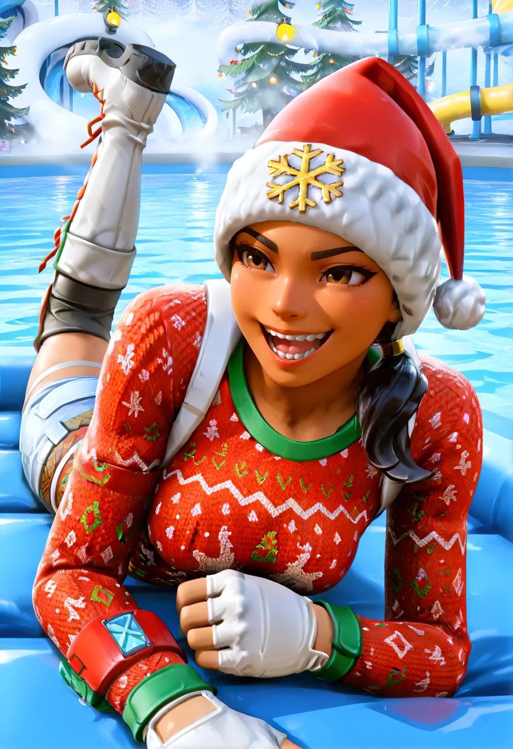 IllustriousQual <lora:StS-Illustrious-Detail-Slider-v1.0:2> <lora:cfg_scale_boost:0.3> detailed_background, waterpark <lora:Nog_Ops_IL_V1:0.8> NogOpsIL, santa hat, black hair, braid, brown eyes, dark skin, fingerless gloves, sweater, christmas sweater, red clothing, white clothing, snowflake print, belt, denim, thigh strap, knee guard, boots, prone bone, (sneering:1.2)