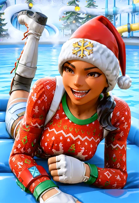 IllustriousQual <lora:StS-Illustrious-Detail-Slider-v1.0:2> <lora:cfg_scale_boost:0.3> detailed_background, waterpark <lora:Nog_Ops_IL_V1:0.8> NogOpsIL, santa hat, black hair, braid, brown eyes, dark skin, fingerless gloves, sweater, christmas sweater, red clothing, white clothing, snowflake print, belt, denim, thigh strap, knee guard, boots, prone bone, (sneering:1.2)