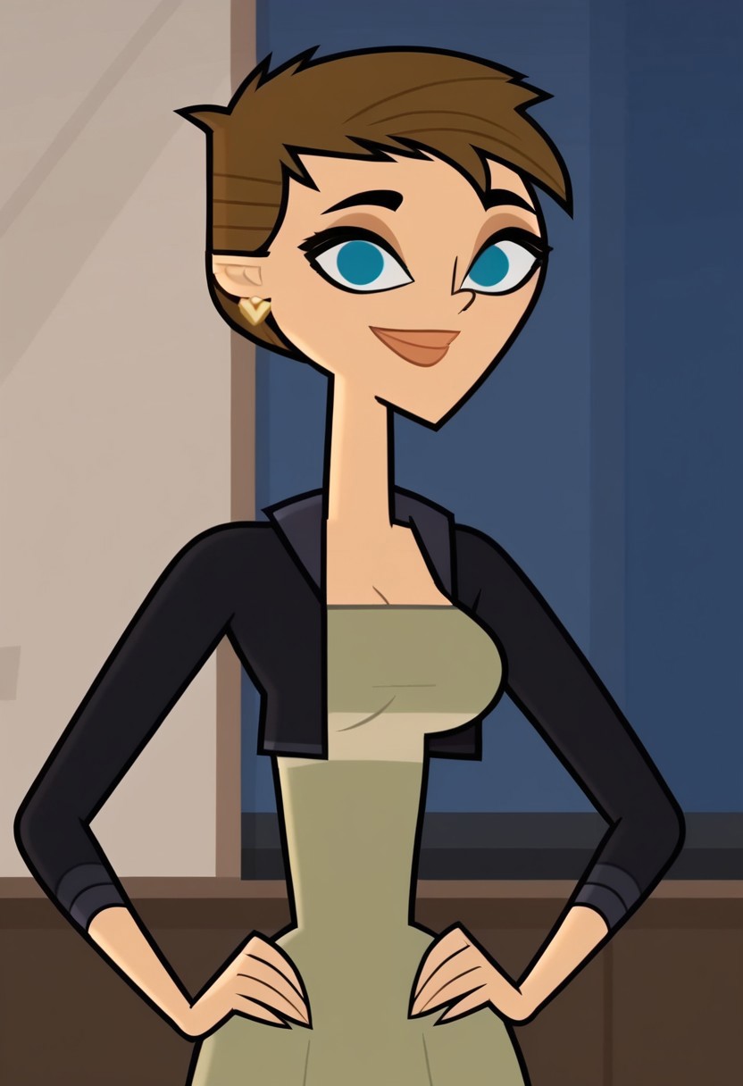 ((room background)),score_9, score_8_up, score_7_up,score_6_up, 
1girl, solo, Ivy_DC, light skin, blue eyes, dark brown hair, short hair, hairstyle pixie cut, yellow heart earrings, sleeveless olive green dress, black fitted short jacket, black tight pants, beige flat shoes, big eyes, cute, tall stature, social smile, perfect eyes, perfect smile, looking at the viewer, detailed eyes, perfect eyes, standing, big breasts (front pose, front view, bust shot) five fingers, perfect hands, hands on hips