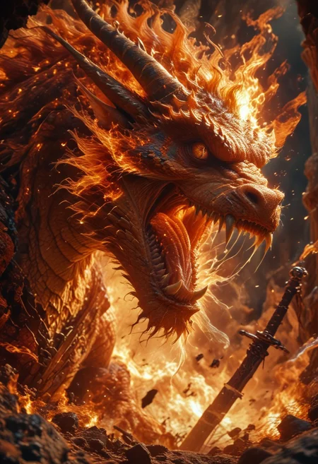 score_9, score_8_up, score_7_up, score_6_up, score_5_u, a knight in shining armor, facing a fearsome dragon, knight is jumping towards dragon, dragon opens mouth, dragon mouth has teeth, fire from dragon mouth, epic battle, burning sword, sword, dark fantasy, detailed armor, fire, scales, dramatic lighting, its light barely illuminating the surroundings, The atmosphere is heavy with tension the sea crashing violently against the rocks, the creature's immense size dwarfing the solitary human, lone figure against the ancient, otherworldly beast, color palette is dark, deep blacks and greys, high contrast, ral-ertmsphr,