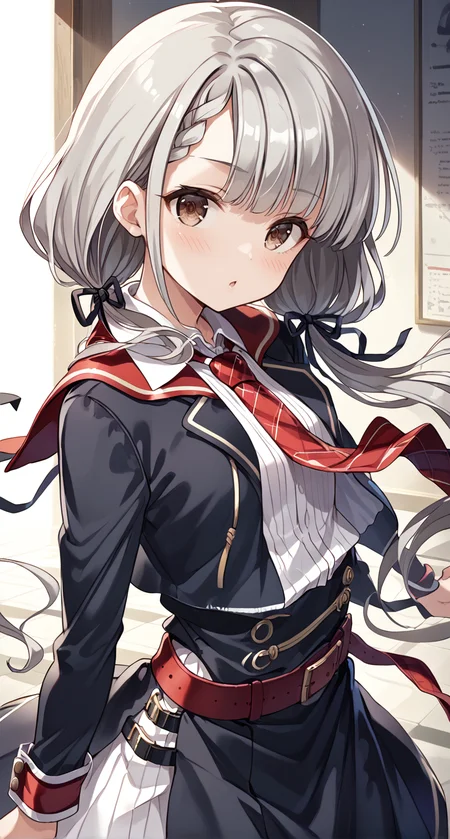 score_9,score_8_up,score_7_up,
official art,official style,game cg,megami magazine,
uncensored,
1girl,
hskwng blackdress,hisakawa nagi,
asymmetrical bangs,belt,belt buckle,black belt,black dress,black ribbon,
blush,braid,buckle,
collared shirt,dress,
eyelashes,brown eyes,grey hair,
hair ribbon,long hair,long sleeves,low twintails,
necktie,parted lips,plaid necktie,red necktie,
red sailor collar,ribbon,sailor collar,shirt,
standing,
<lora:idolmaster_hisakawa_nagi_pony_v1:1>,
