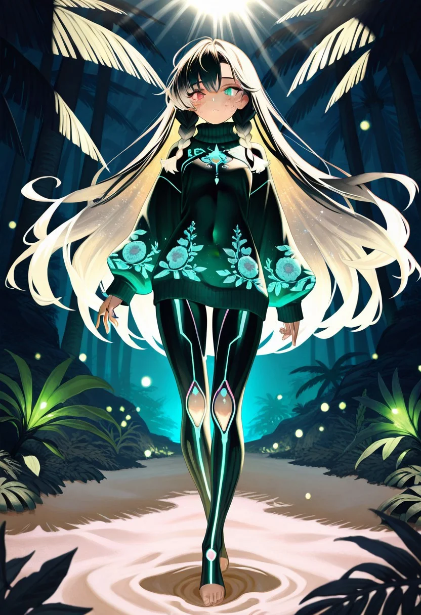 (masterpiece, best quality, ultra-detailed:1.3), RAW photo, 8K UHD, 
1girl, {{`vibrant emerald eyes, sparkling reflections, mystical heterochromia (gold/azure), long eyelashes, deep sapphire eyes, starry highlights`}}, {{`silky platinum blonde hair, wind-blown strands, flowing crimson curls, sunlight gloss, raven black hair with silver streaks, intricate braids`}}, {{`porcelain skin with freckles, soft natural glow, sun-kissed olive skin, dewy texture, ethereal luminescent skin, subtle glitter`}}, {{`slim hourglass figure, elegant posture, athletic toned body, confident stance, petite frame, delicate proportions`}}, {{`elegant silk gown with floral embroidery, futuristic cyberpunk bodysuit (neon accents), cozy oversized sweater, thigh-high boots`}},
intricate details, cinematic lighting, soft bokeh, depth of field,
,
Enchanted forest, bioluminescent plants], [catching fireflies]
[Tropical beach sunset, palm trees silhouette], [walking barefoot on sand]