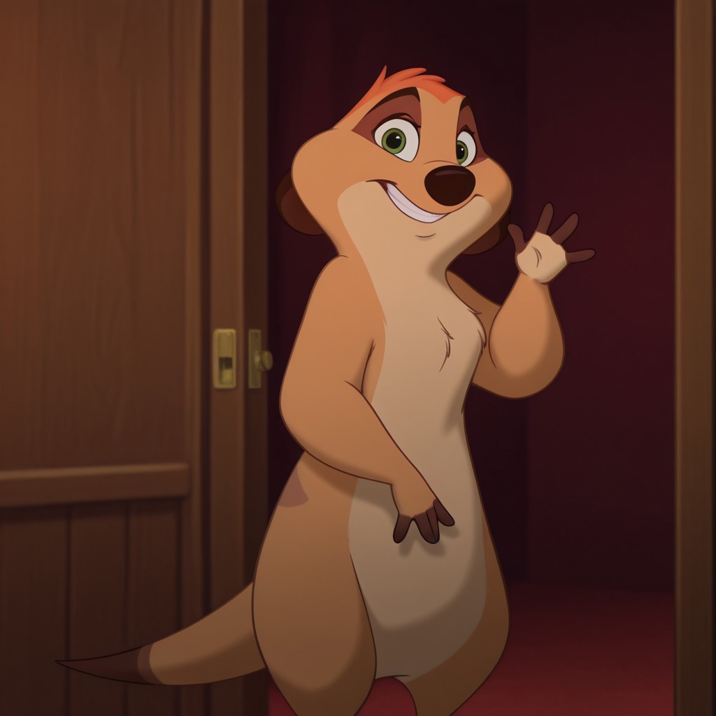 masterpiece, best quality, amazing quality, timonsmalkil, semi-anthro, female, meerkat, tan fur, green eyes, orange hair, standing, smile, waving, looking at viewer