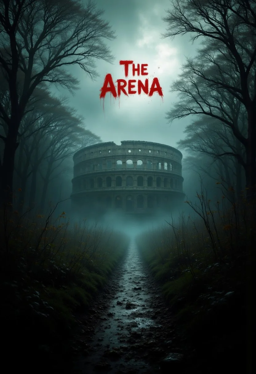 Horror movie scene, mist, forest of scariest trees a Colosseum can be seen, walls of the colosseum are filled with blood stains, with text:"The Arena" made with blood , aidmaabdhr, aidmaTextImprover